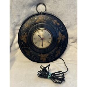 ART DECO Tole Painted Metal Wall Clock Electric Works Great USA Vintage Country